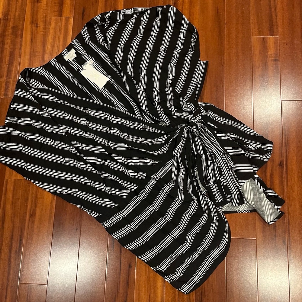 City Chic Black Dress Ivory White Stripe Wrap Short Sleeve Mini Top Size XL / 22